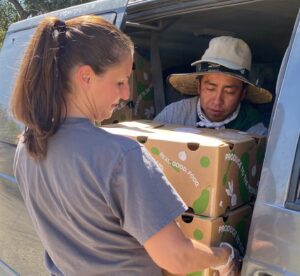 A Yolo Food Bank employee hands off boxes of food to a farmworker in his vehicle. 